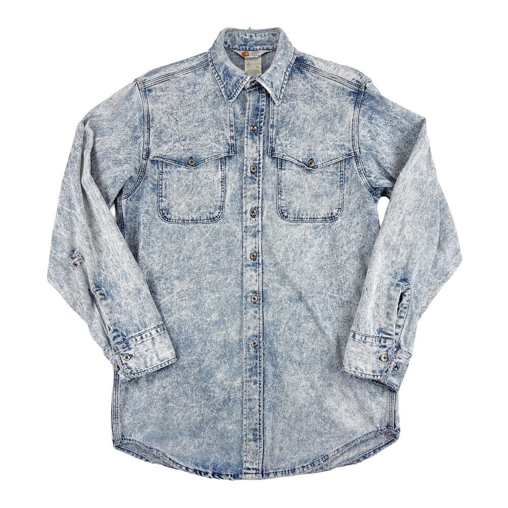 Carhartt VTG 90s Acid Wash Denim Shirt Men M Blue Distressed Thrashed Union USA